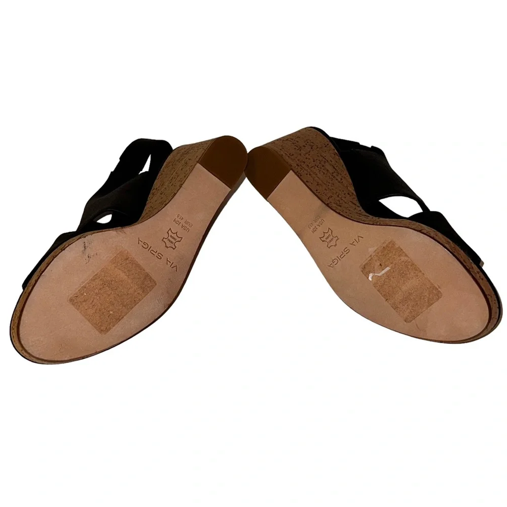 Via Spiga Black Leather Open Toe Cork Wedges Sz 10 NWOB
