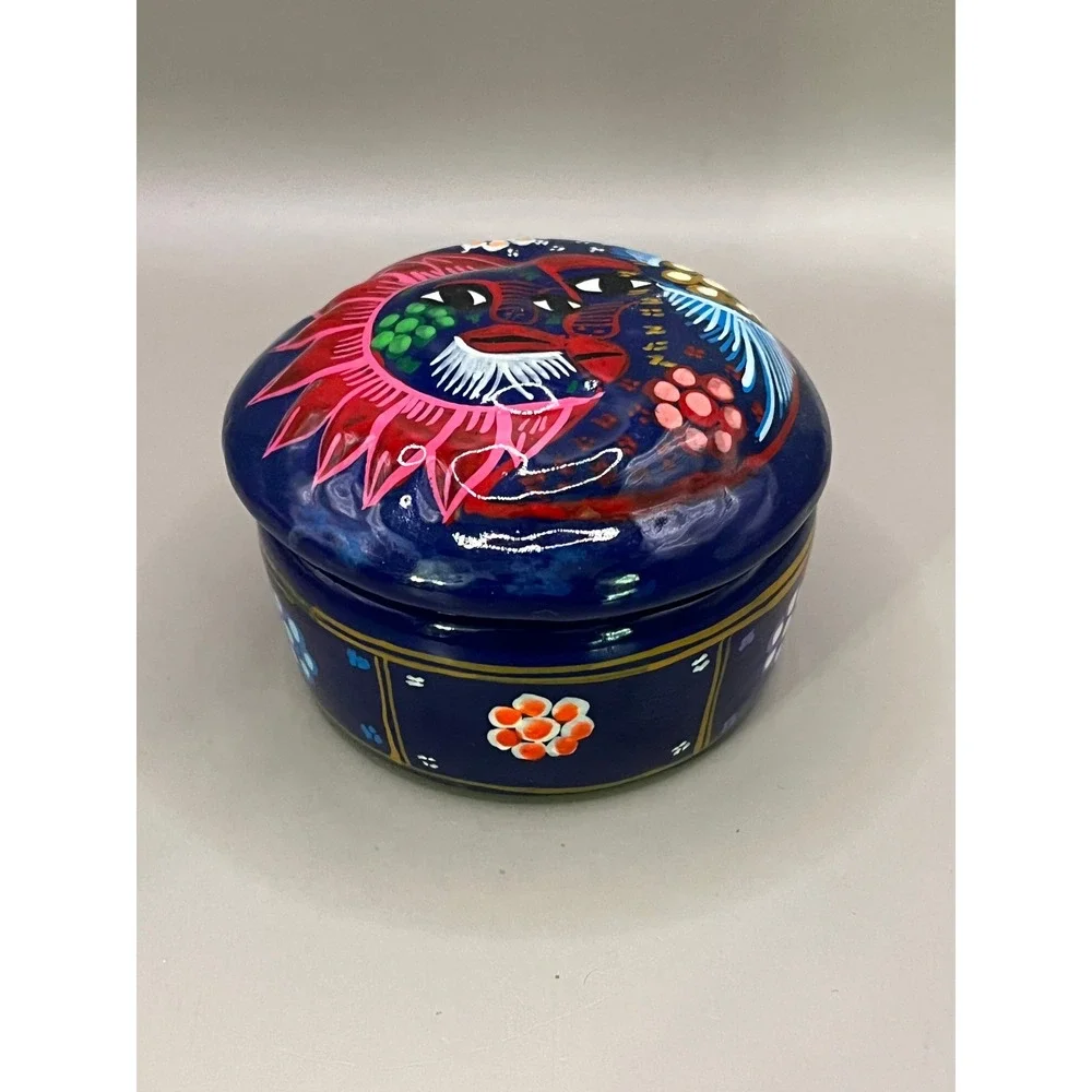 Sun Moon Stars Celestial Redware‎ Trinket Box Cobalt Blue 2.5