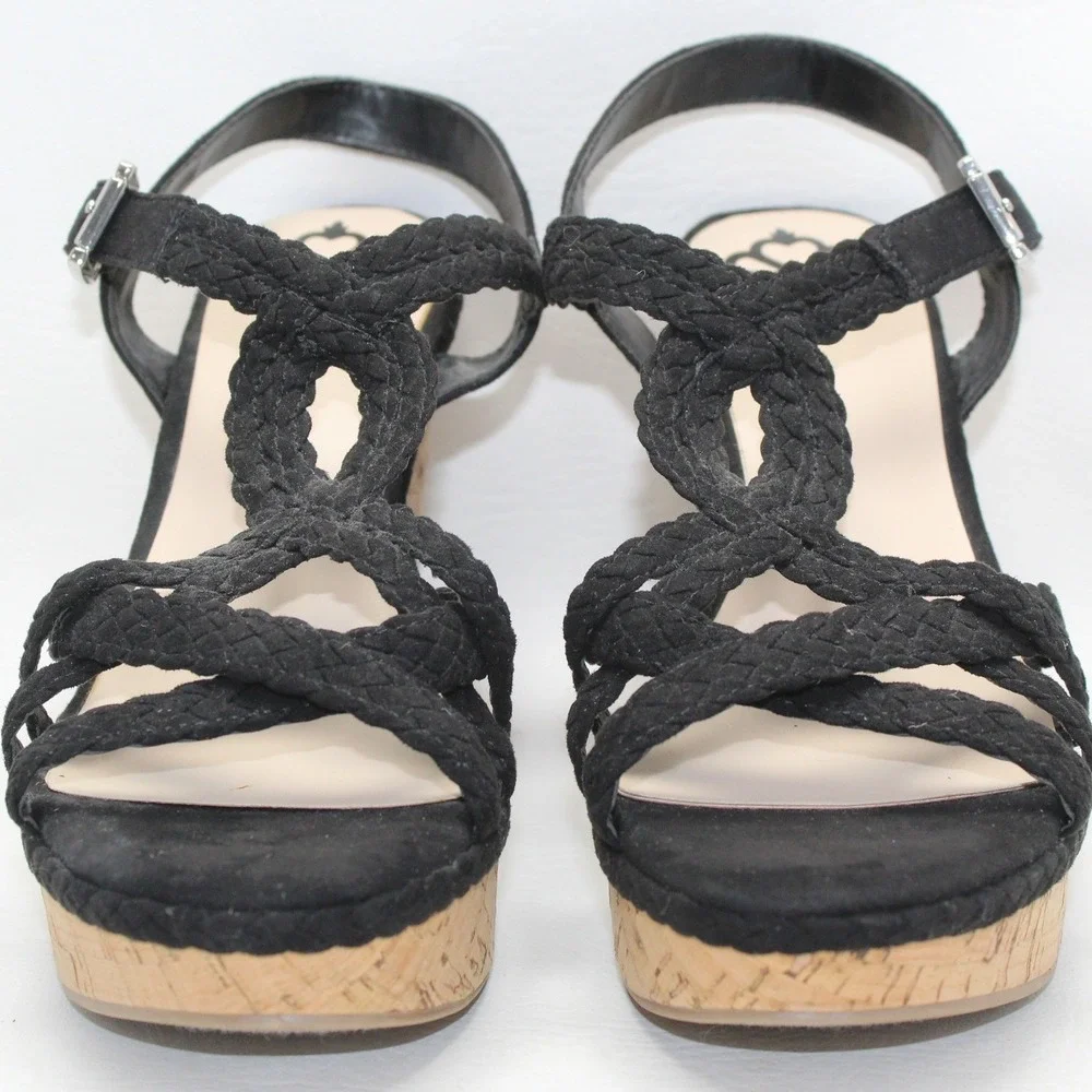 Fergalicious Voyager Black Braided Cork‎ Wedge Sandals Womens 9M Platform Strap