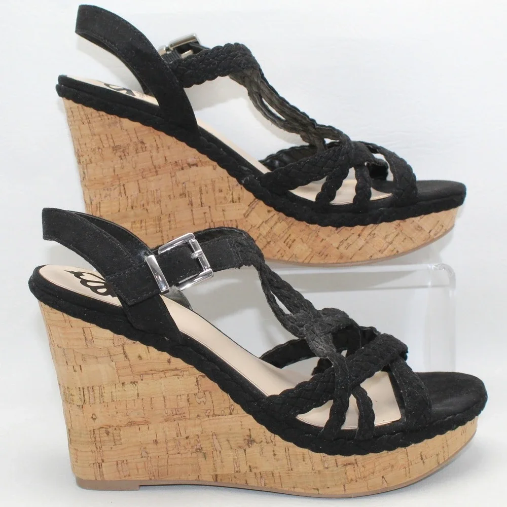 Fergalicious Voyager Black Braided Cork‎ Wedge Sandals Womens 9M Platform Strap