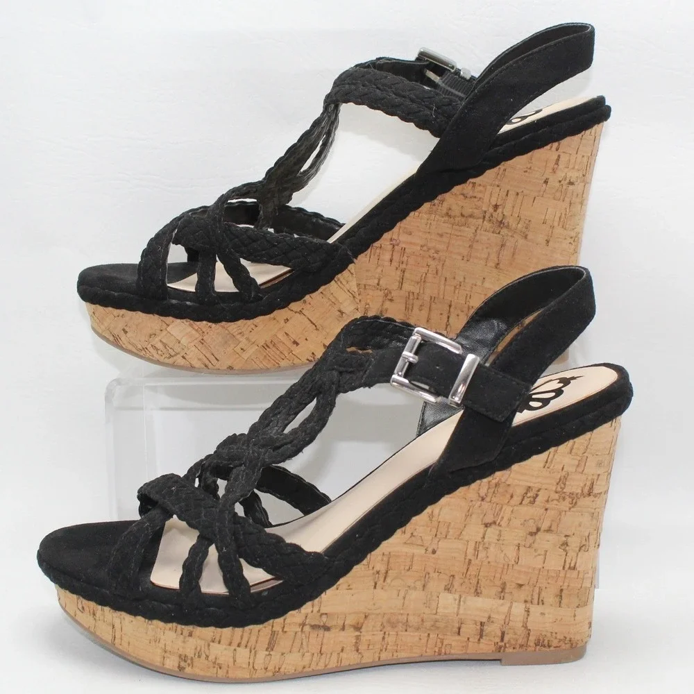 Fergalicious Voyager Black Braided Cork‎ Wedge Sandals Womens 9M Platform Strap
