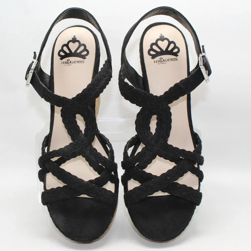Fergalicious Voyager Black Braided Cork‎ Wedge Sandals Womens 9M Platform Strap