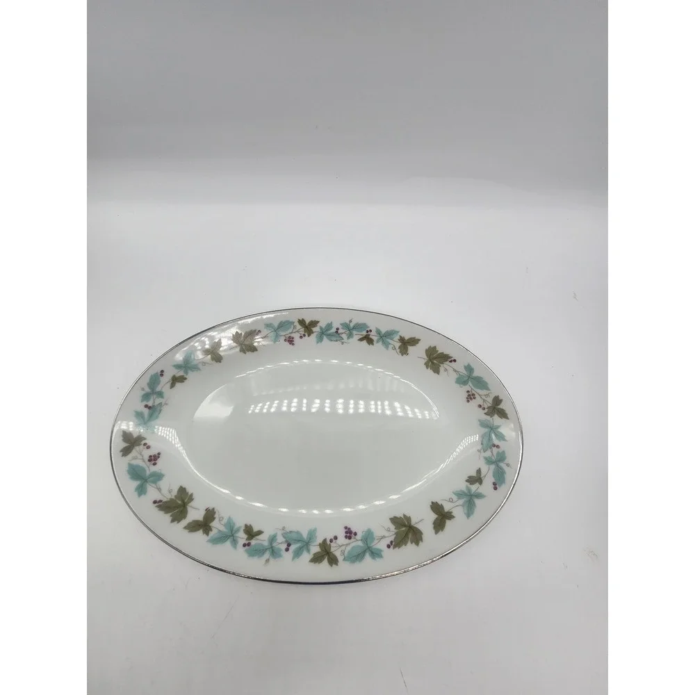 Vintage Fine China Japan 6701 Oval Platter Teal Green Leaf Berry Silver Rim 10