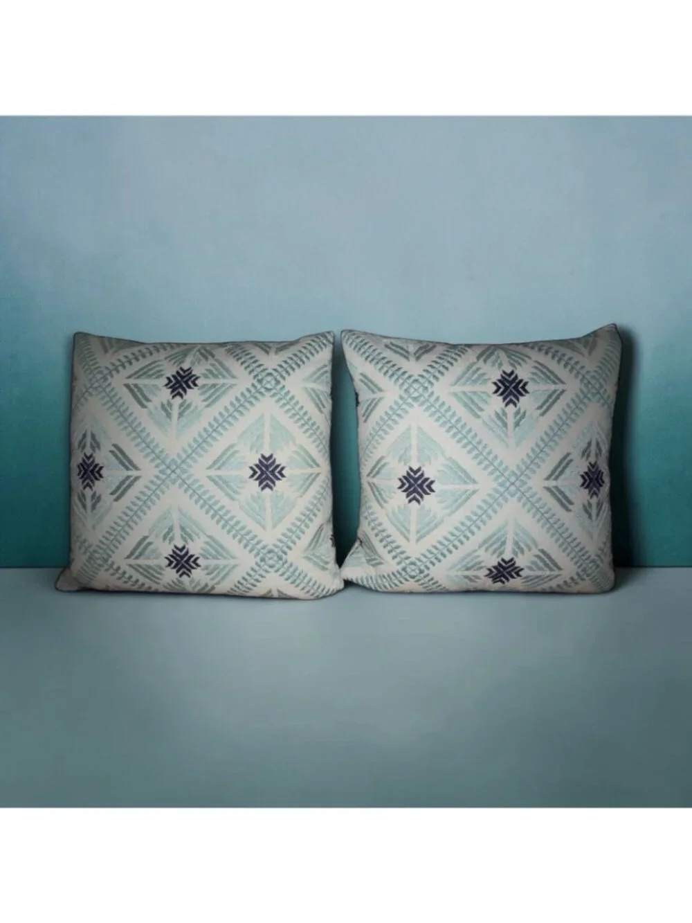 2 Envogue Seafoam Green Cream Navy Blue Embroidered 18X18 BOHO Throw Pillows