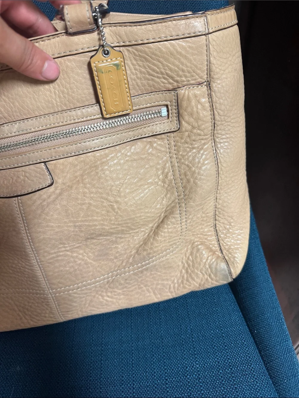 Coach Tan Pebbled Leather Tote with Front Zip Pocket