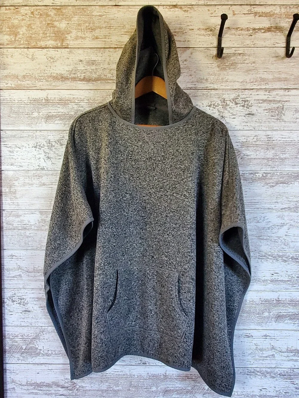 Eddie Bauer Grey Knit Fleece Pullover Hooded Poncho Cape L XL