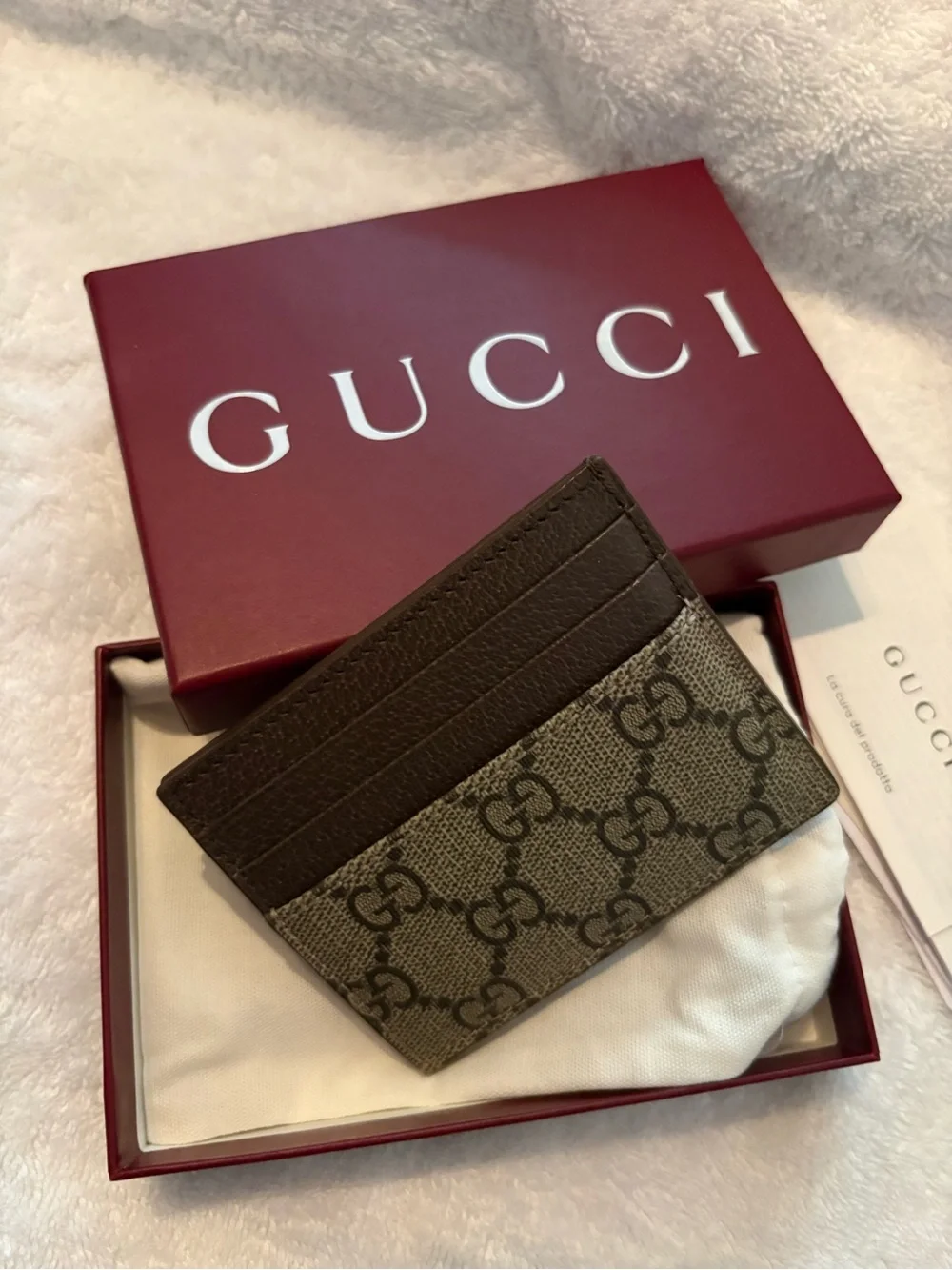Gucci Brown GG Supreme Card Holder with Leather Trim