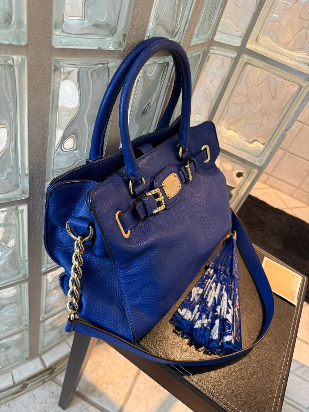 Michael Kors Cobalt Blue Large Hamilton Satchel, Crossbody Strap Gold Hardware.
