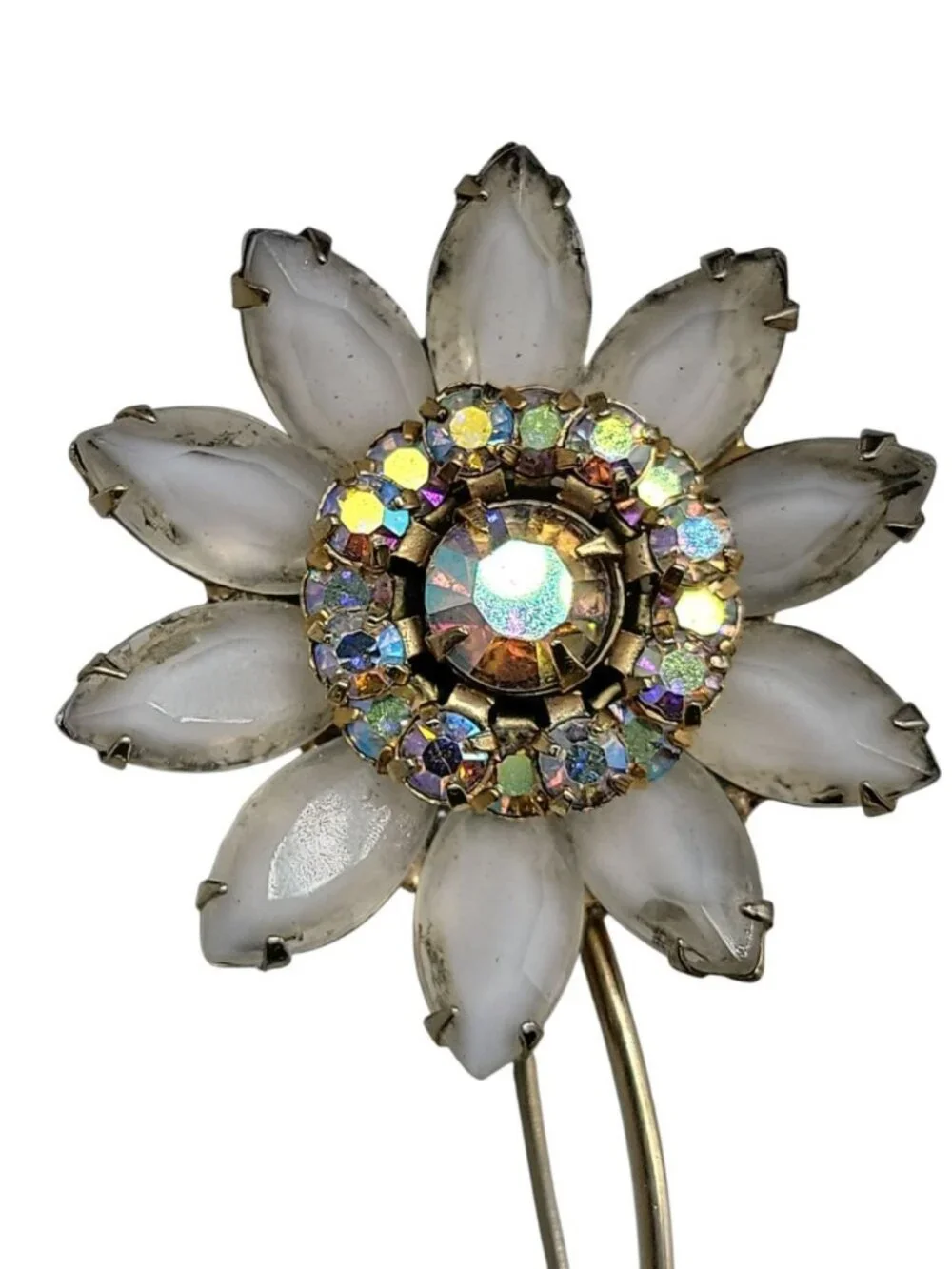 Juliana Daisey Flower Brooch Vintage D & E White Green AB Rhinestones Gold Tone