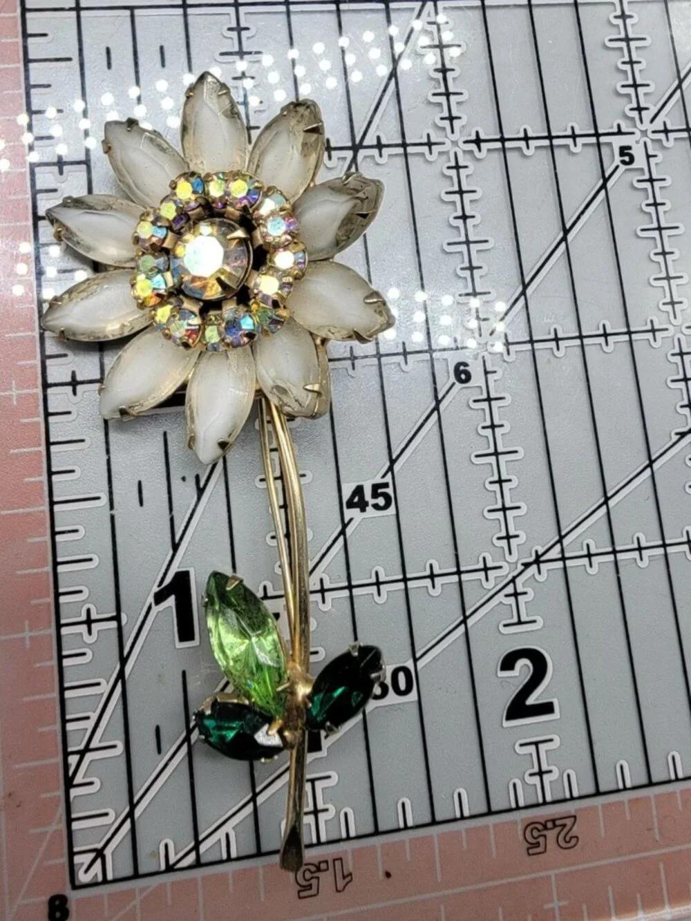 Juliana Daisey Flower Brooch Vintage D & E White Green AB Rhinestones Gold Tone