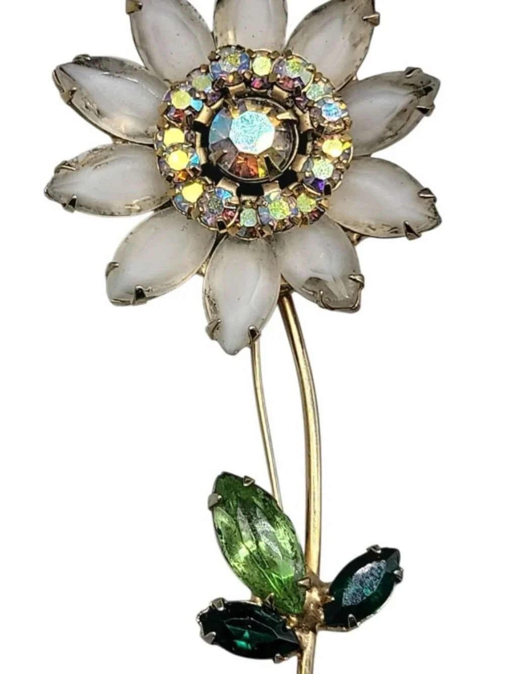 Juliana Daisey Flower Brooch Vintage D & E White Green AB Rhinestones Gold Tone