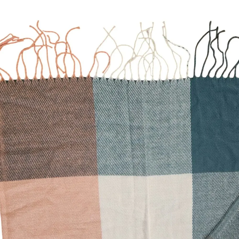 Soft Plaid Fringe Shawl Scarf Wrap Peach Blue Gray Acrylic 23x70
