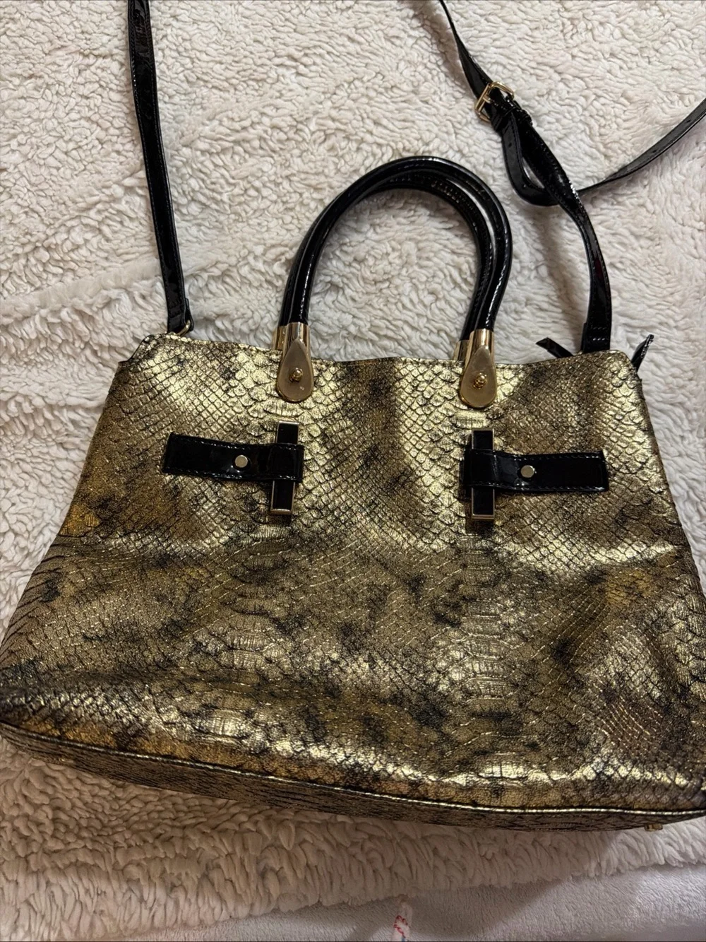 Gianni Bini Gold Snake-Texture Satchel Handbag with Black Accents