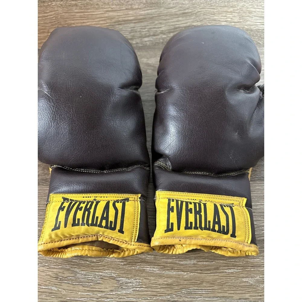 Vintage Everlast 17 oz Leather Boxing Gloves Brown Yellow Training Sparring Pair