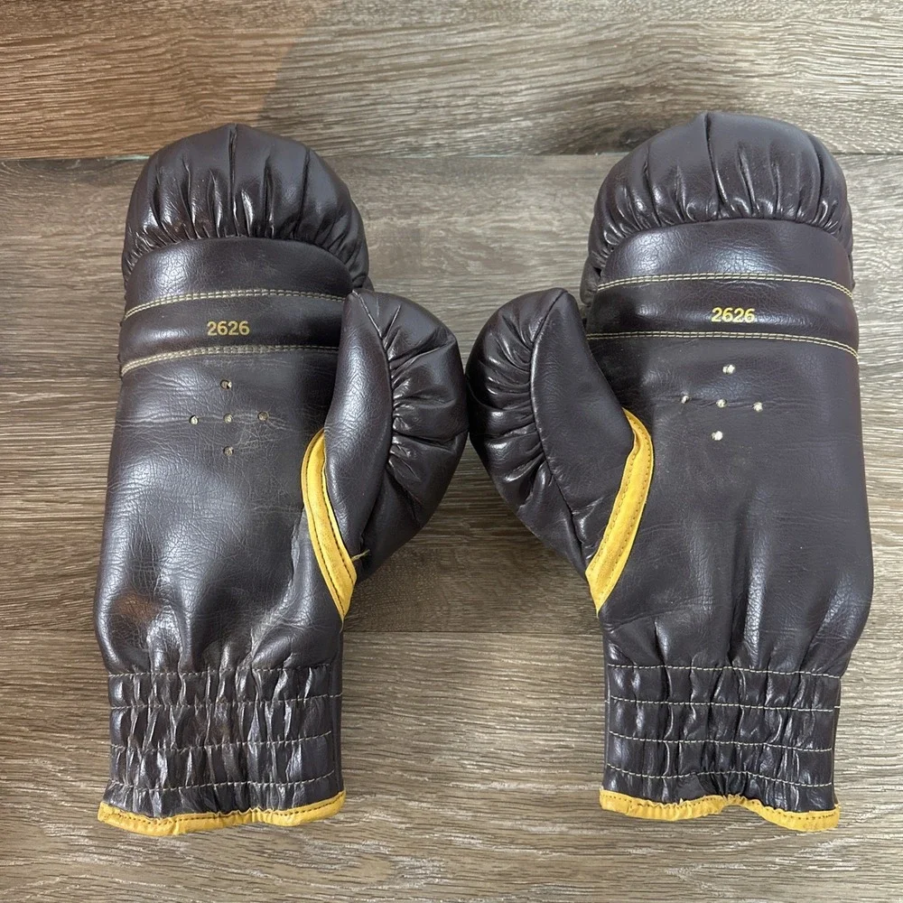 Vintage Everlast 17 oz Leather Boxing Gloves Brown Yellow Training Sparring Pair