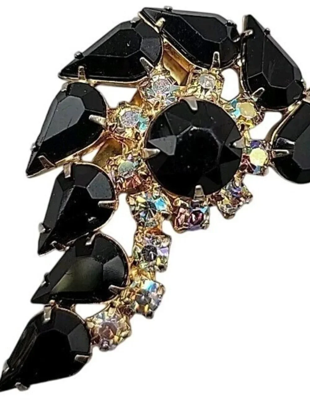 Juliana D&E Black Navette & AB Rhinestone Swirl Brooch Gold Tone Vintage