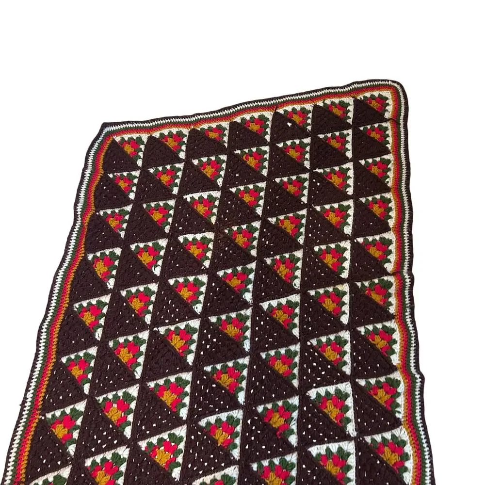Vintage Hand Crocheted Brown Floral Basket Granny Square Afghan Throw 46x77