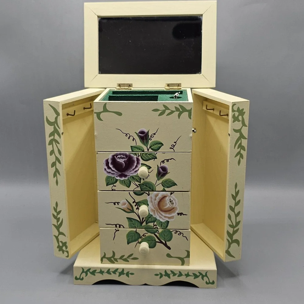 Vintage Wooden Jewelry Music Box Ballerina Cottagecore Grannycore Floral Chic