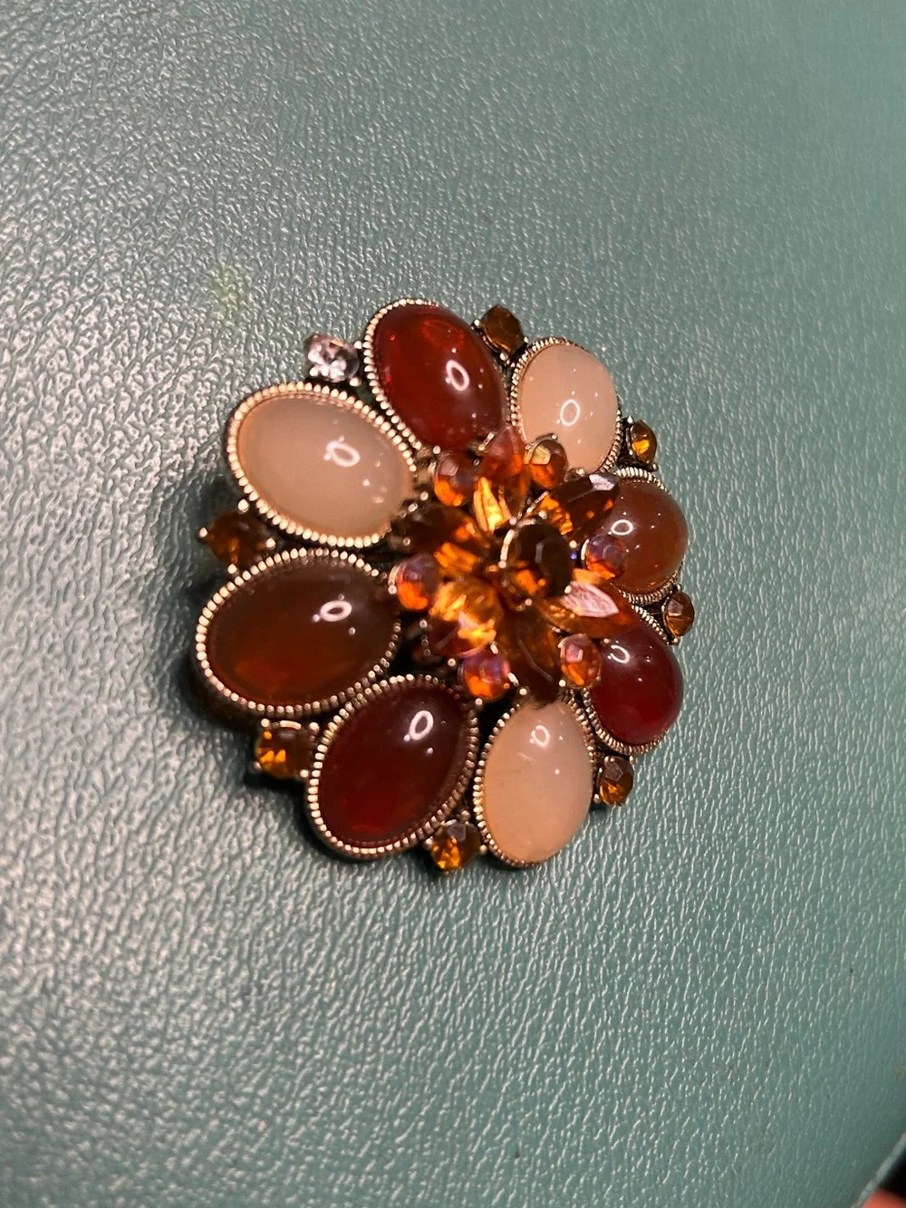 Vintage cabochon Flower Jelly Bean Rhinestone Convertible Brooch gold tone metal