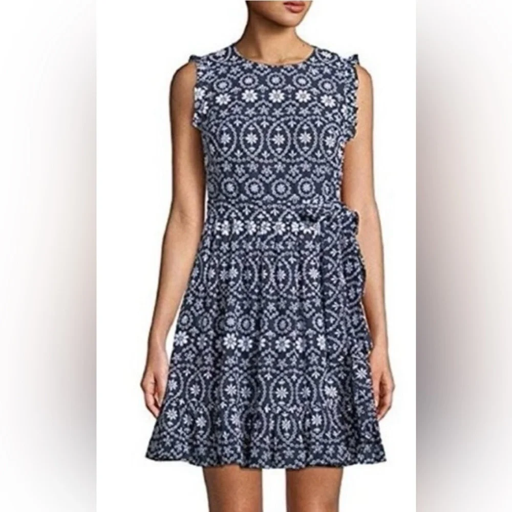 Kate Spade New York Sleeveless Shore Thing Eyelet Dress in Rich Navy/Fresh White