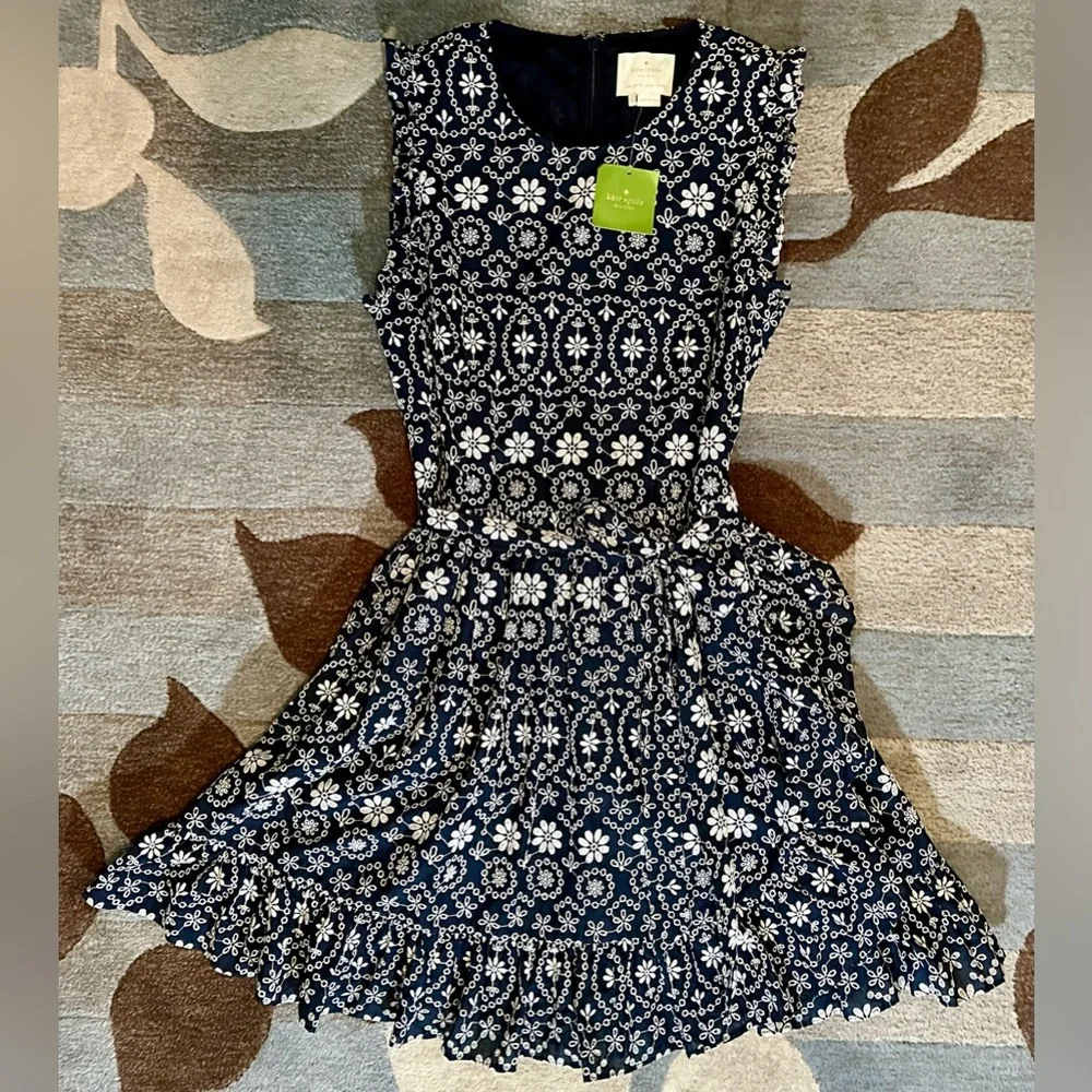 Kate Spade New York Sleeveless Shore Thing Eyelet Dress in Rich Navy/Fresh White