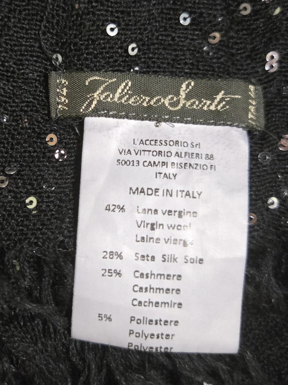 Faliero Sarti Black Sequin Fringe Scarf Cashmere Silk Wool Blend Made in Italy