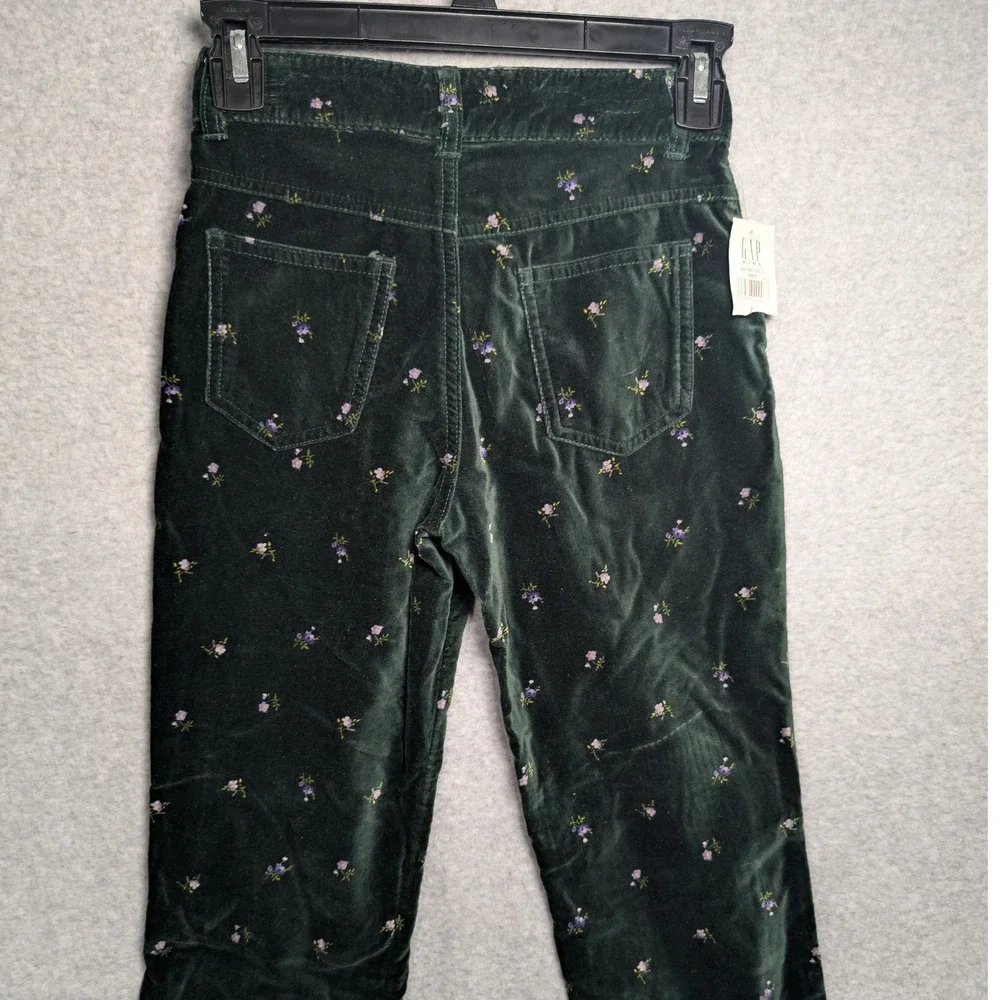 GAP Velvet Pants Kids Size 7 Dark Green Ditsy Floral Straight Leg Fall Fashion