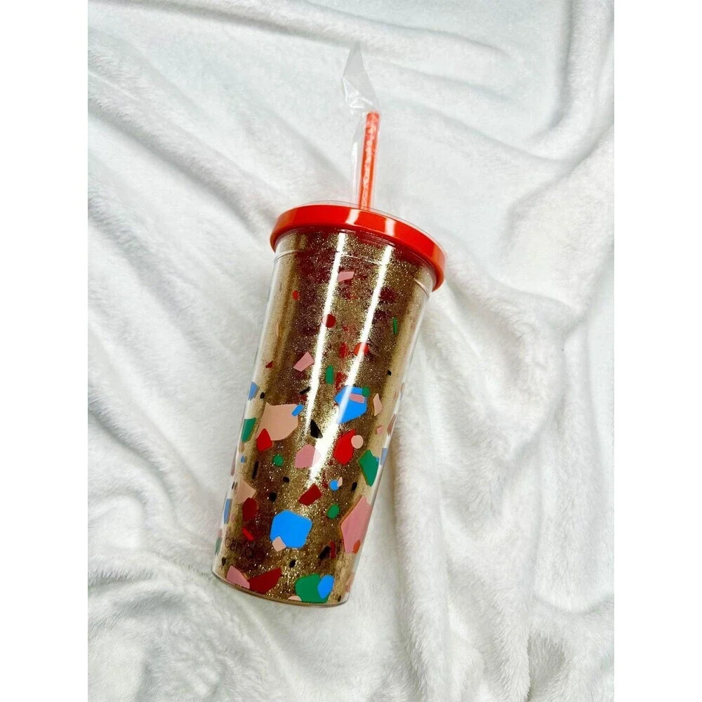 ban.do Deluxe Sip Sip Tumbler With Straw 24oz Glitter Terrazzo Print Cup New
