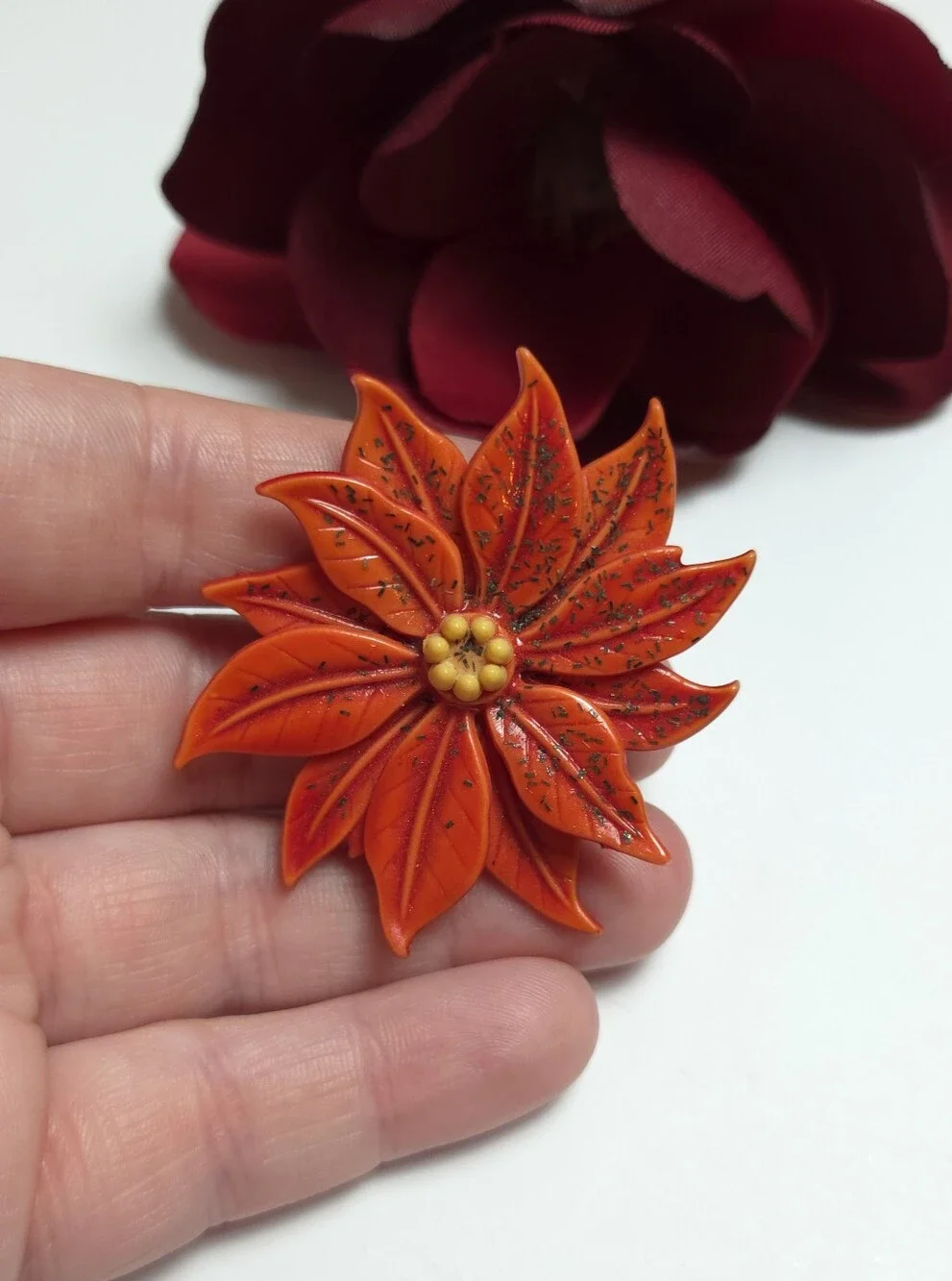 Vintage 1950s Poinsettia Flower Celluloid Acrylic Brooch Red Glitter Flower