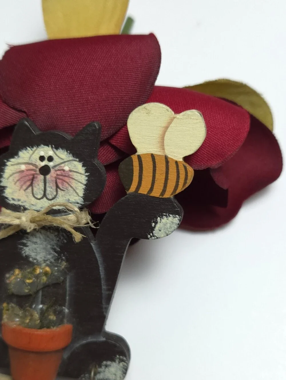 Handmade Wood Black Cat Bee & Flower Pot Take Time To Sniff the Rosies Sullivan