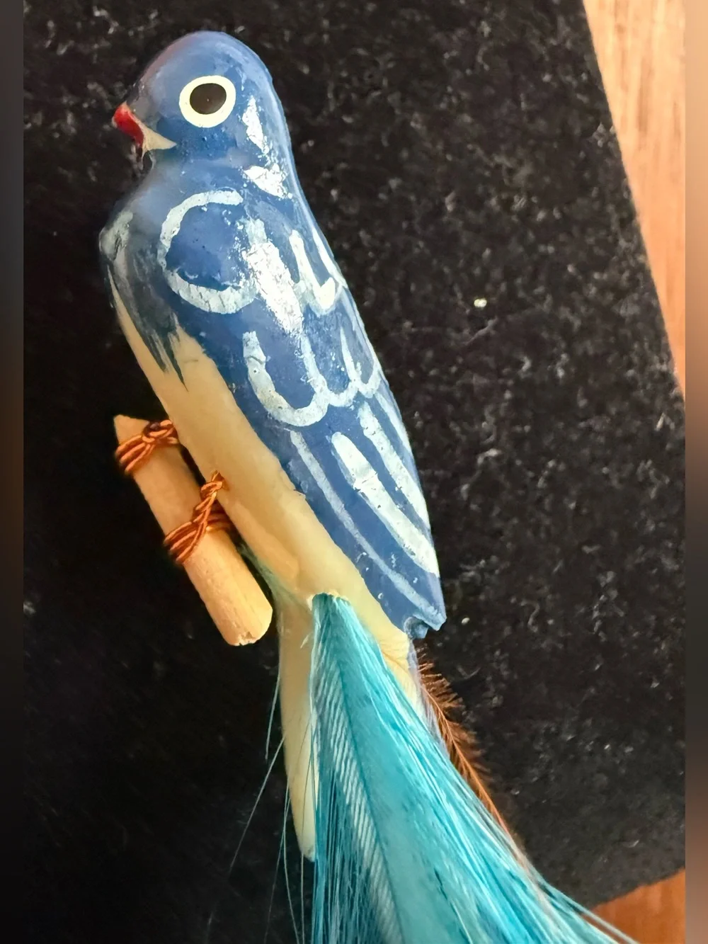 Vintage Blue Real Feather Bird Brooch Pin Wooden Blue & Cream