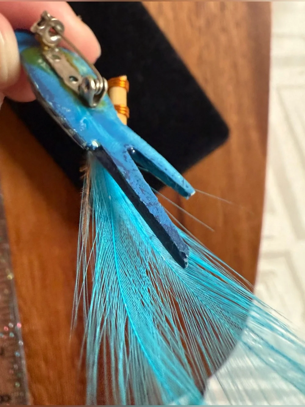 Vintage Blue Real Feather Bird Brooch Pin Wooden Blue & Cream