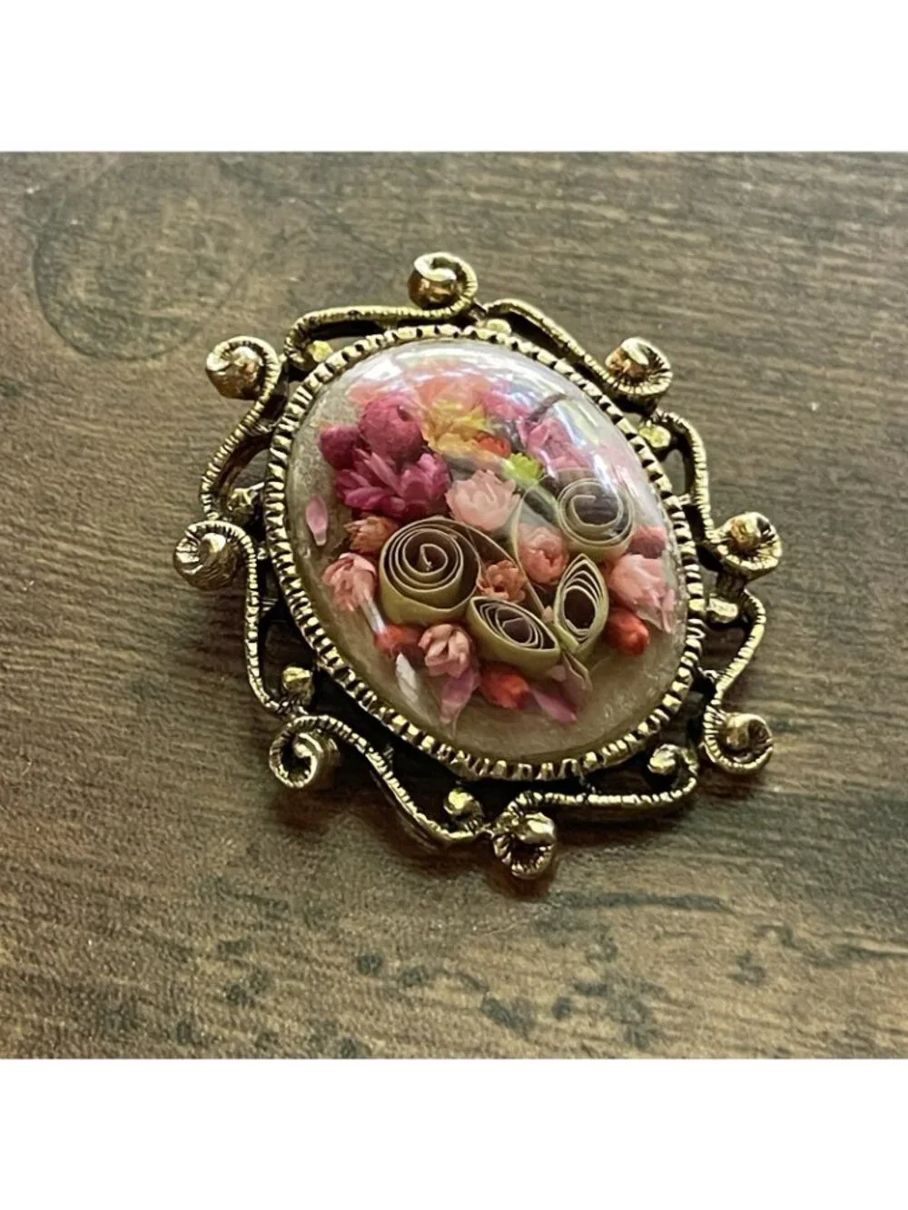 Vintage Floral Brooch Pendant Dried Paper Quilling Flowers Victorian Revival