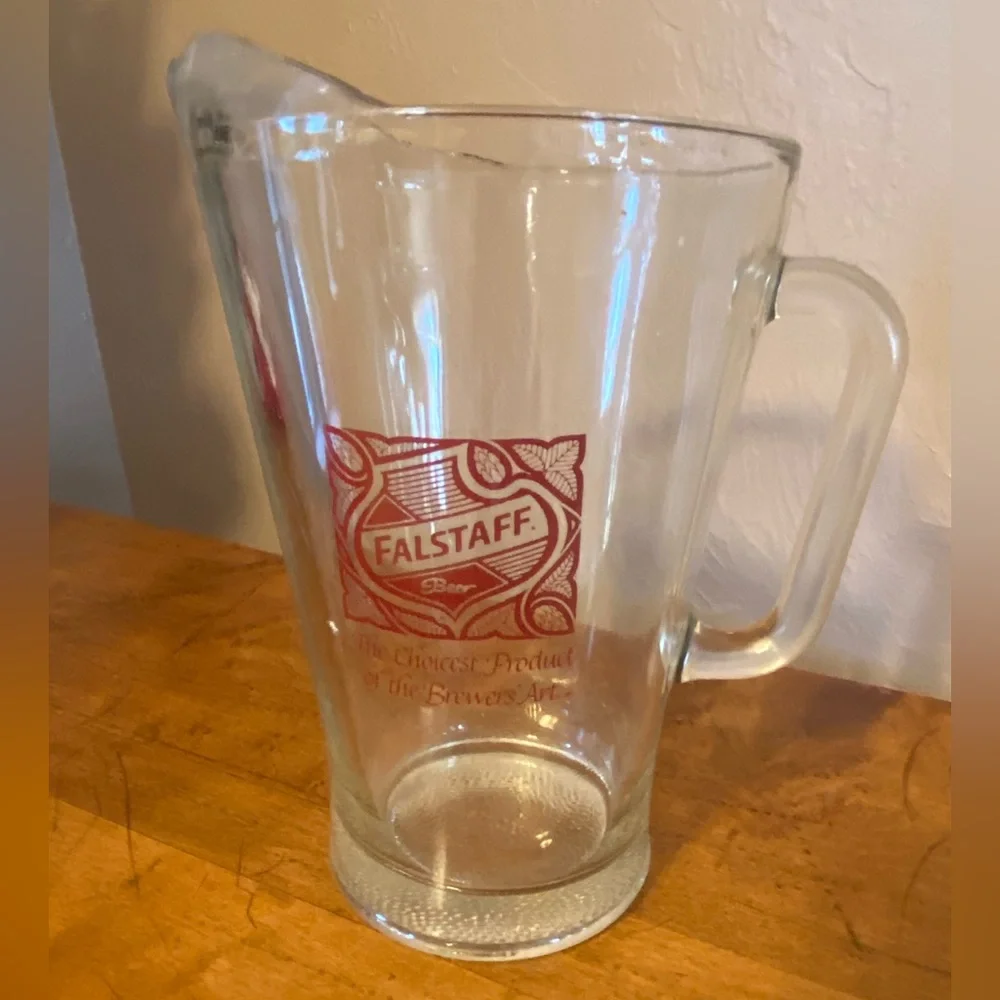 Vintage Heavy Glass Falstaff Beer Pitcher Broken Top