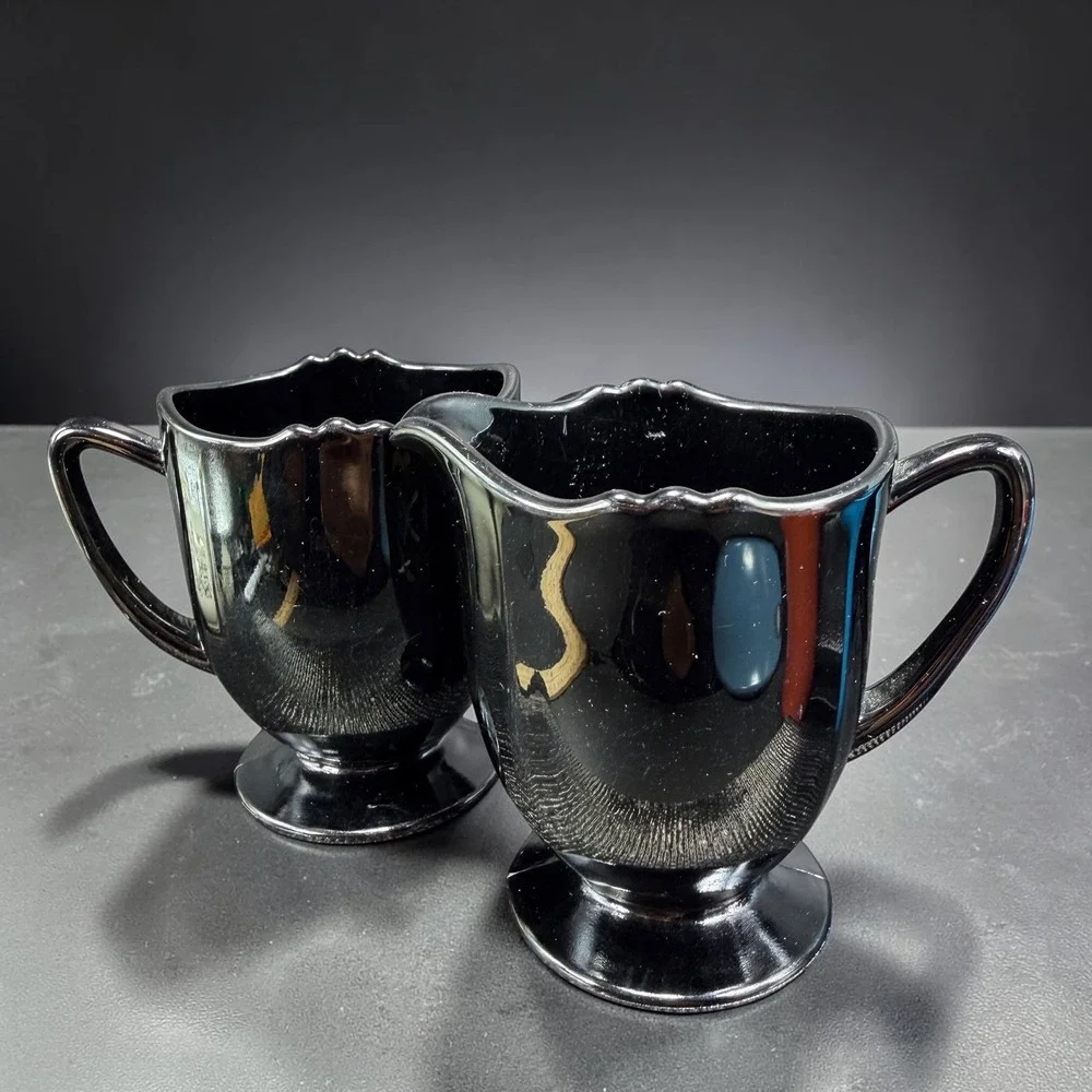 New Martinsville Black Amethyst Glass Creamer and Sugar Bowl Set Scalloped