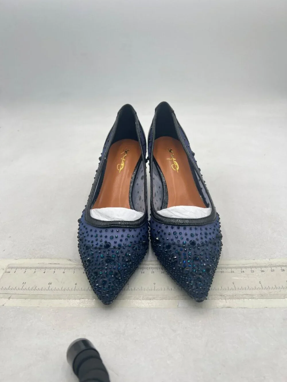XYD Navy Pointed Closed Toe Slip On Graceful Mesh Pumps Rhinestone Studs Shoes
