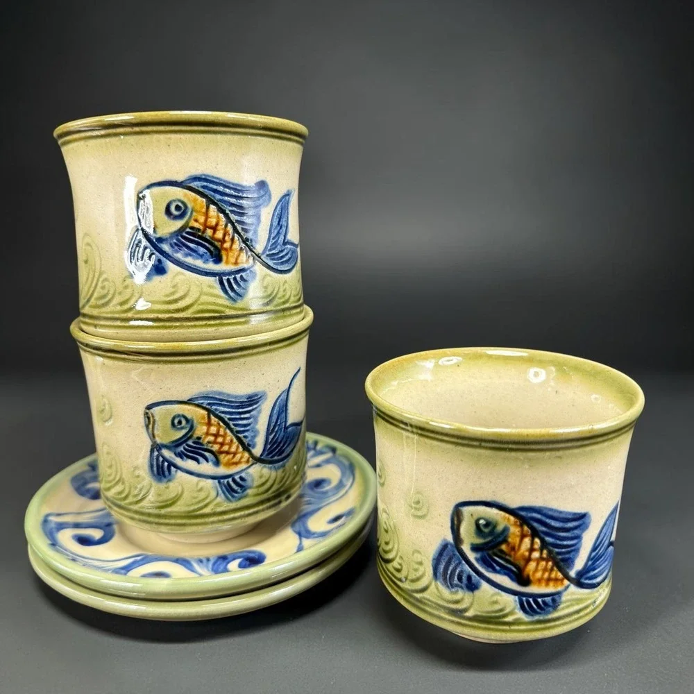 Tsuboya Ware Yachimun Japanese Pottery Fish Cups and Plates Set 6pc Okinawan
