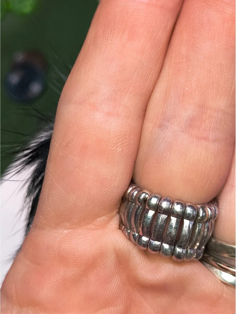 Unique Black Faux Fur & Beaded Statement Ring