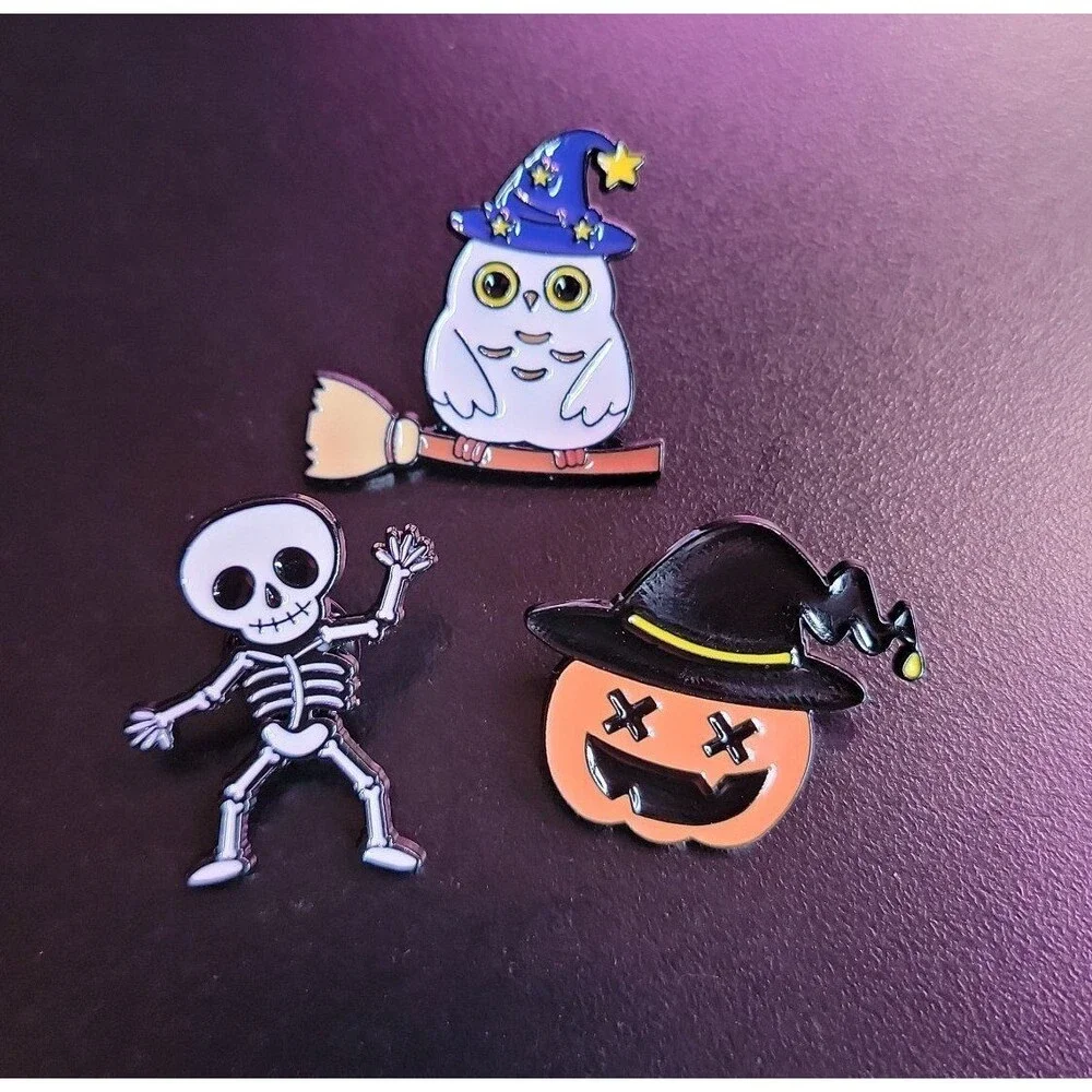 cute Halloween characters enamel pin set -‎ witch owl, skeleton, pumpkin
