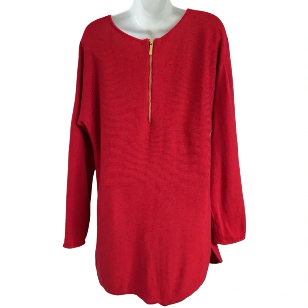 Michael Kors Red Tunic Sweater Gold Zipper Classic Preppy