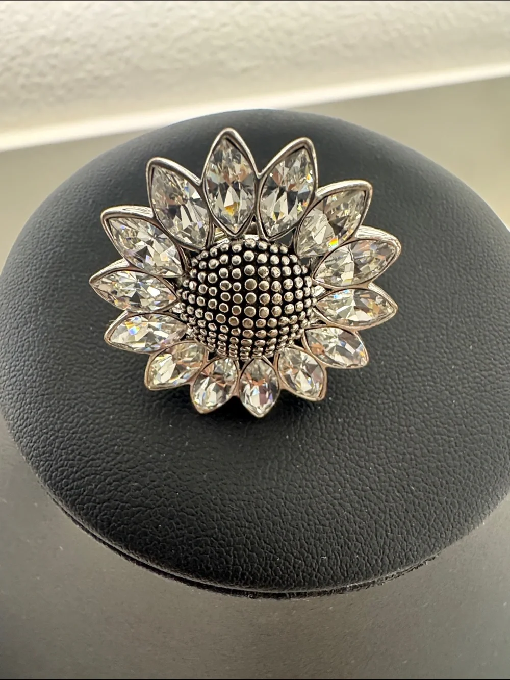 Source Unknown Silver Sunflower Brooch with Clear Crystals