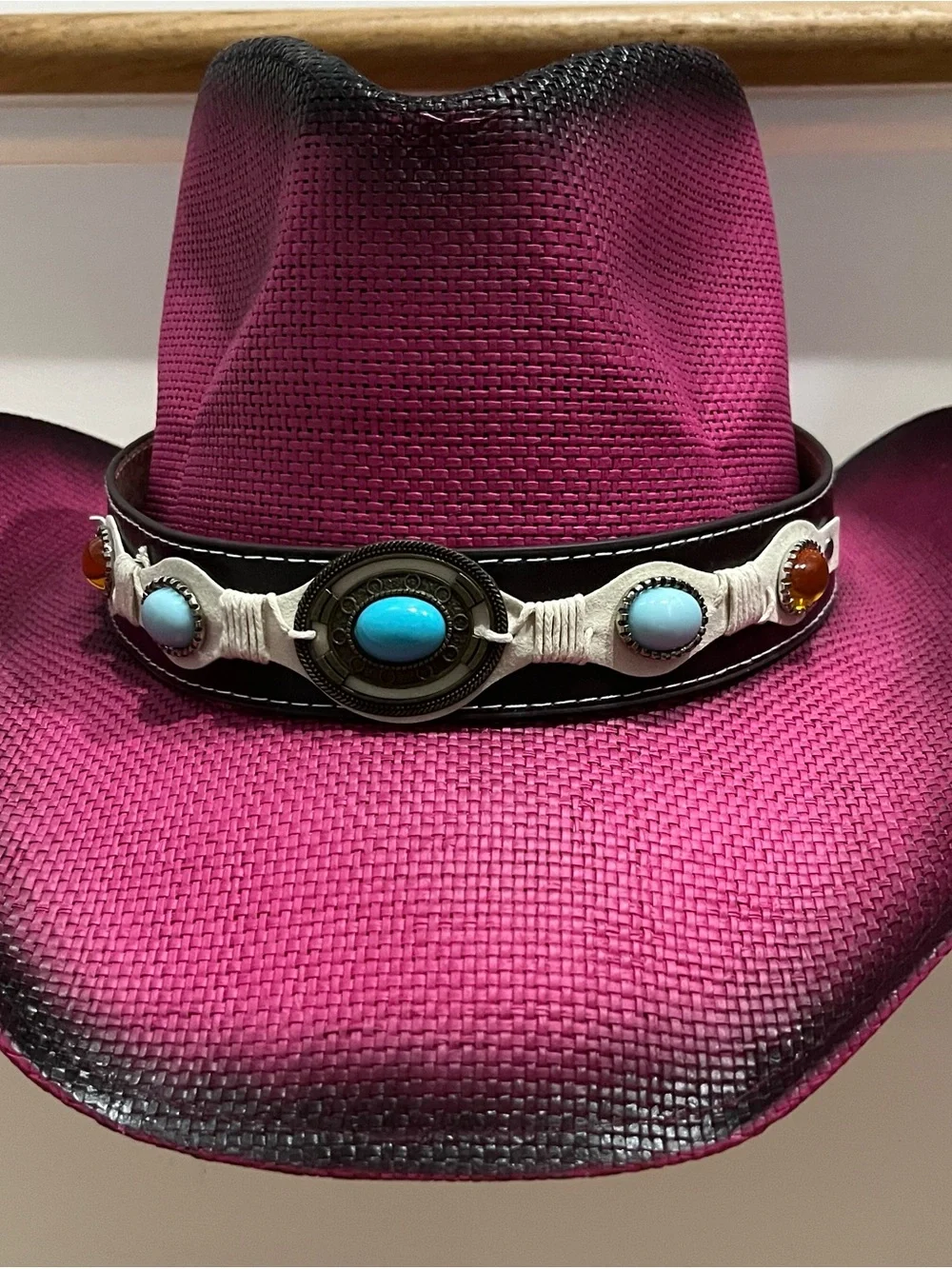 Women's Magenta Western Straw Cowboy Hat with Turquoise Concho Band