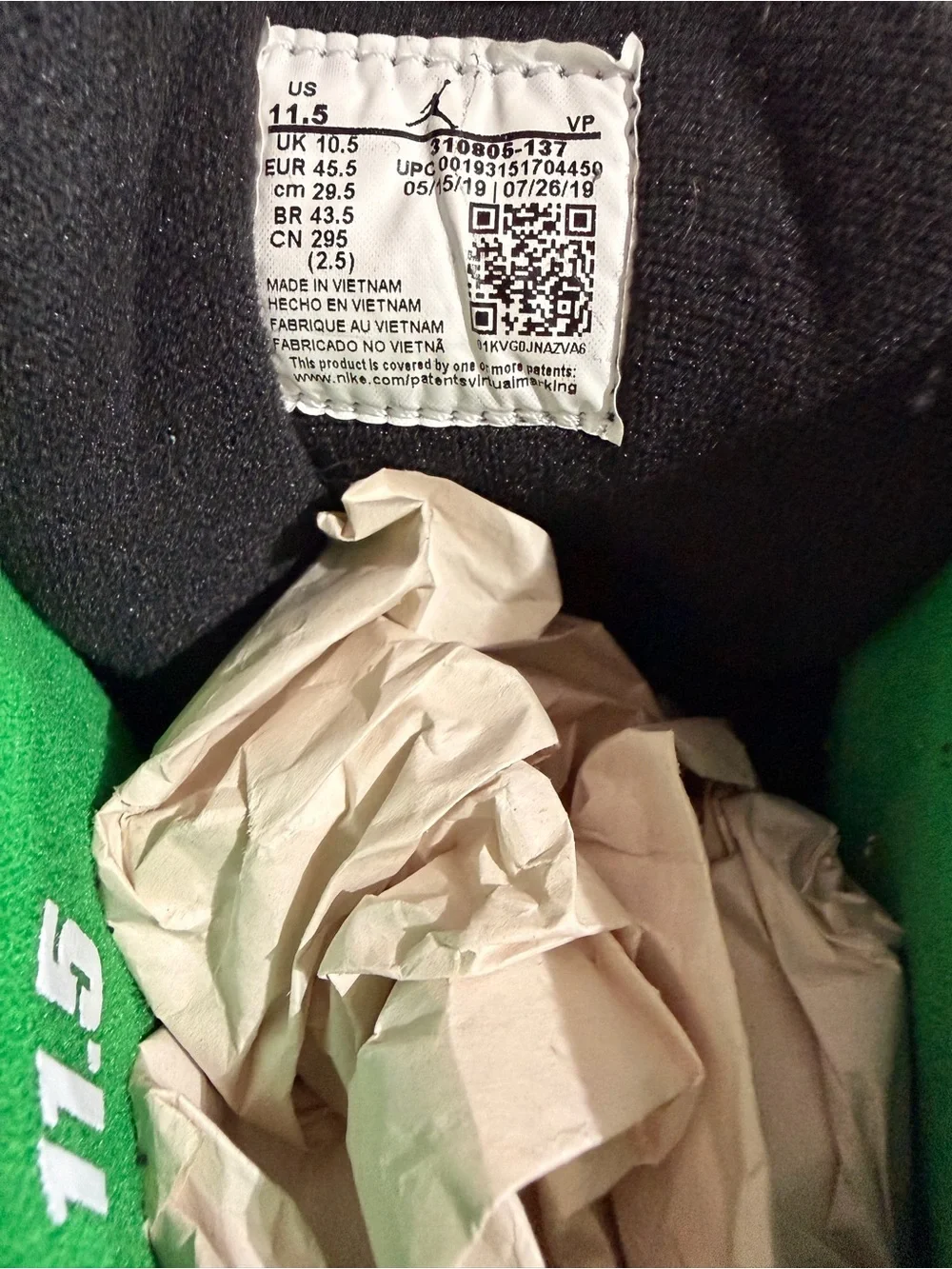 Nike Green and Black Athletic Shoe Interior