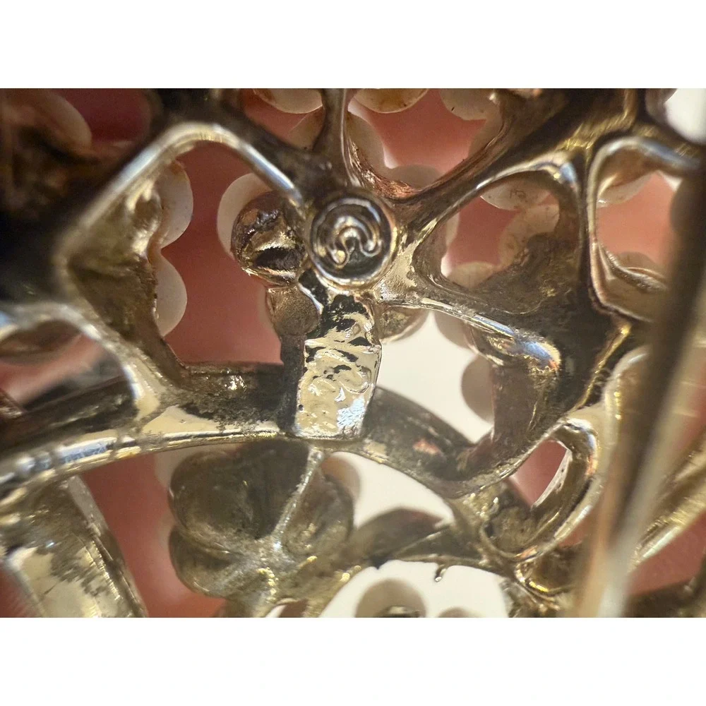 Coro Vintage Silver Tone White Enamel Flower Rhinestone Bouquet Brooch Pin