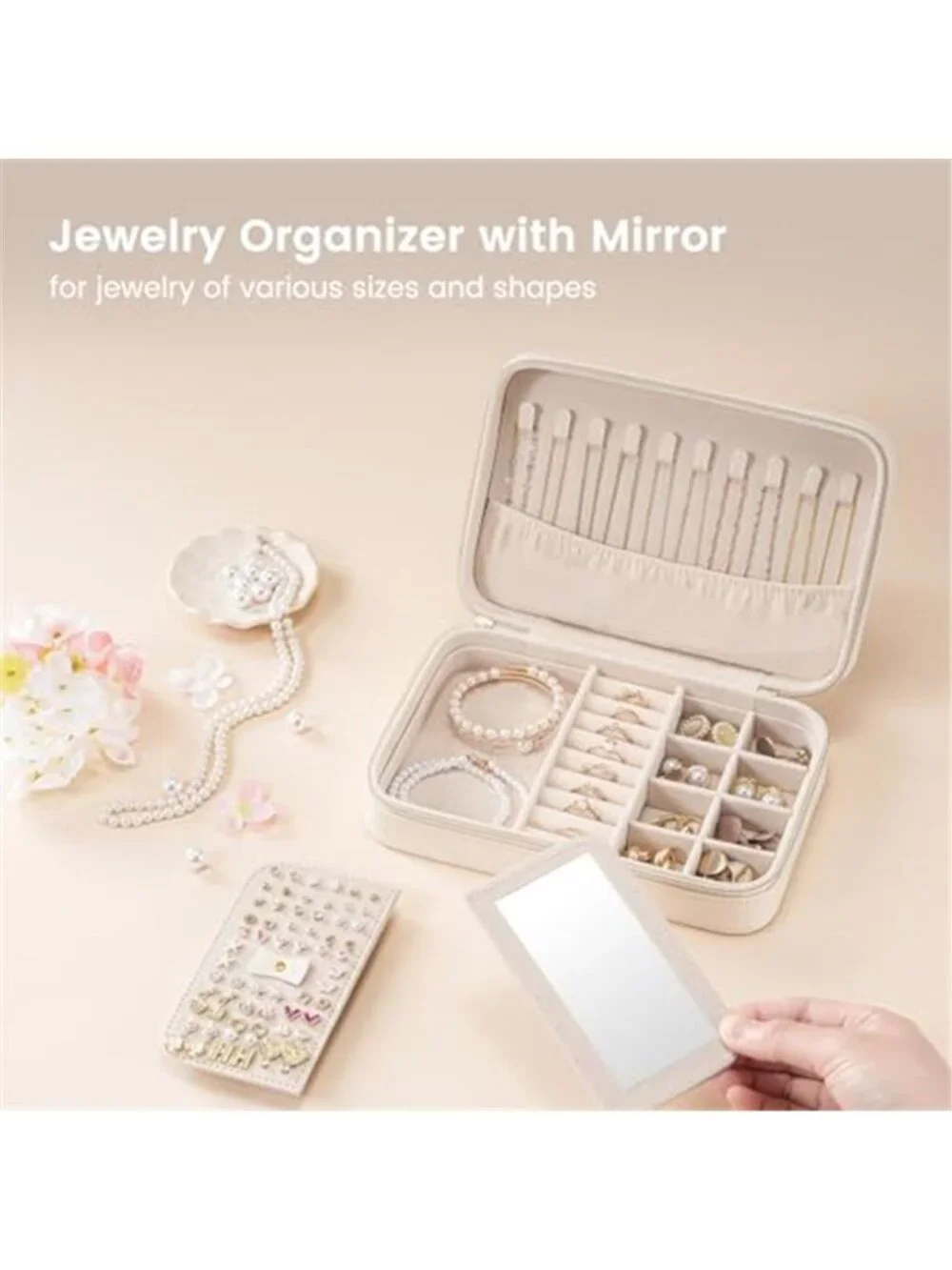 White Travel Jewelry Case Organizer Box Mirror Earring Necklace Ring Storage Bag