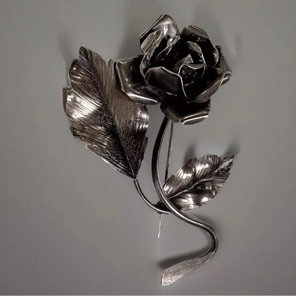 Sterling Silver Rose Brooch 3.5” 3-Pc Set Whimsigoth Wednesday Deco Pin Vintage