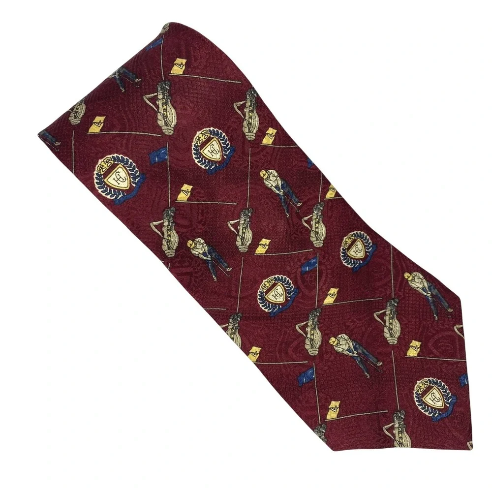 HUNT‎ CLUB Mens Italian Silk Tie Burgundy Golf Theme Wide Classic Luxury VTG