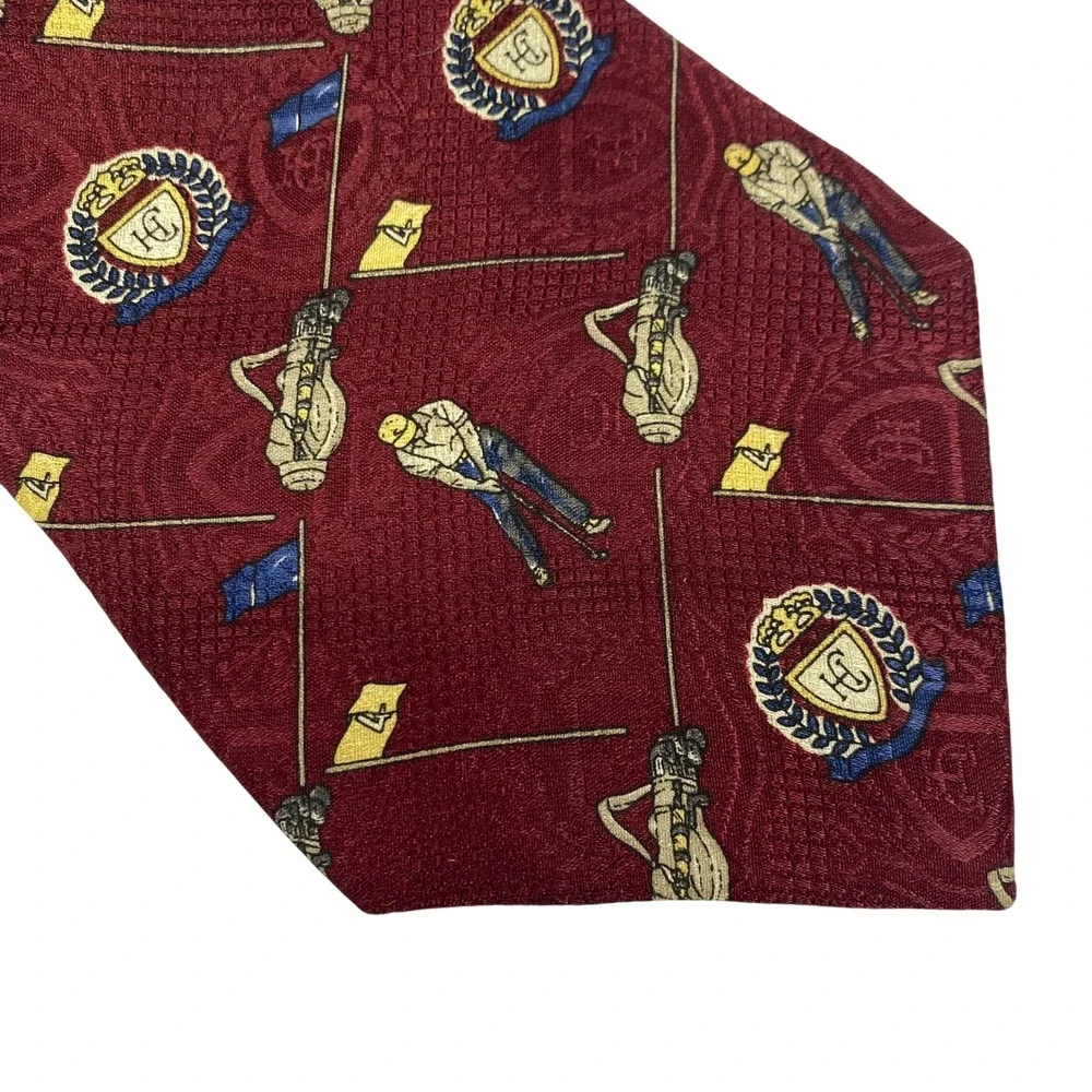 HUNT‎ CLUB Mens Italian Silk Tie Burgundy Golf Theme Wide Classic Luxury VTG