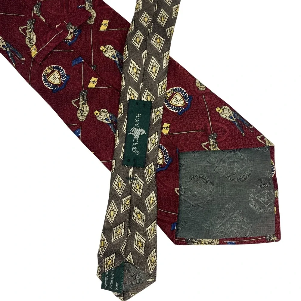 HUNT‎ CLUB Mens Italian Silk Tie Burgundy Golf Theme Wide Classic Luxury VTG