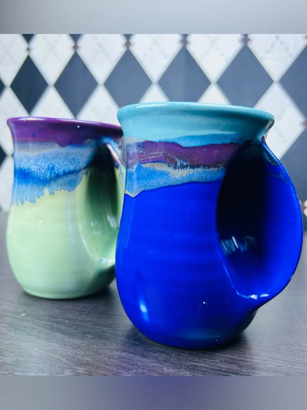 Hand Warmer Mugs Signed Neher Pair Drip Glaze‎ Studio Pottery